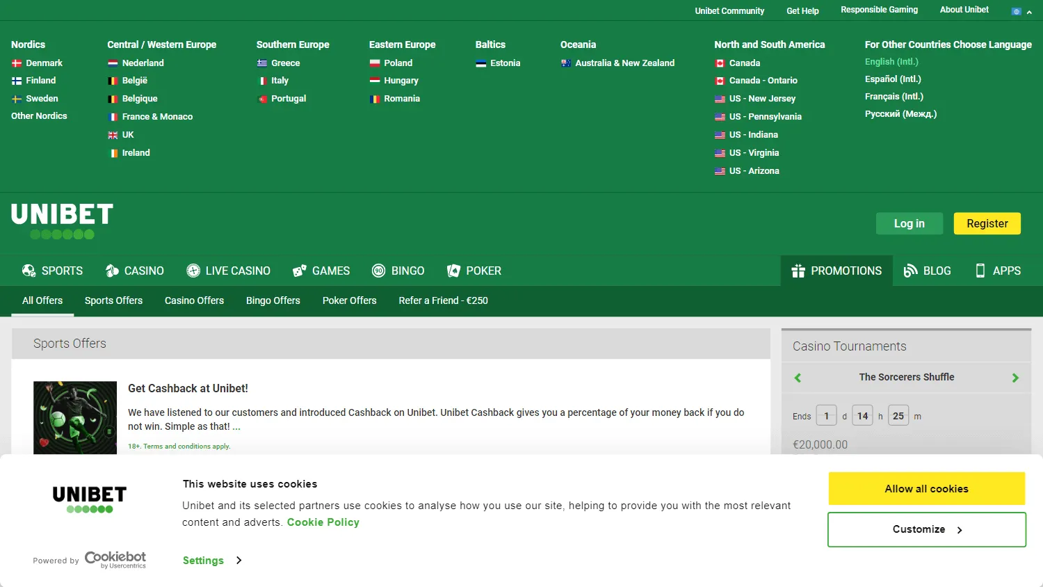 Unibet Casino desktop promotions interface